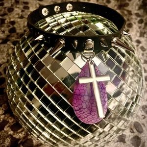 Spiked Faux Leather Purple Dragon Vein Cross Choker